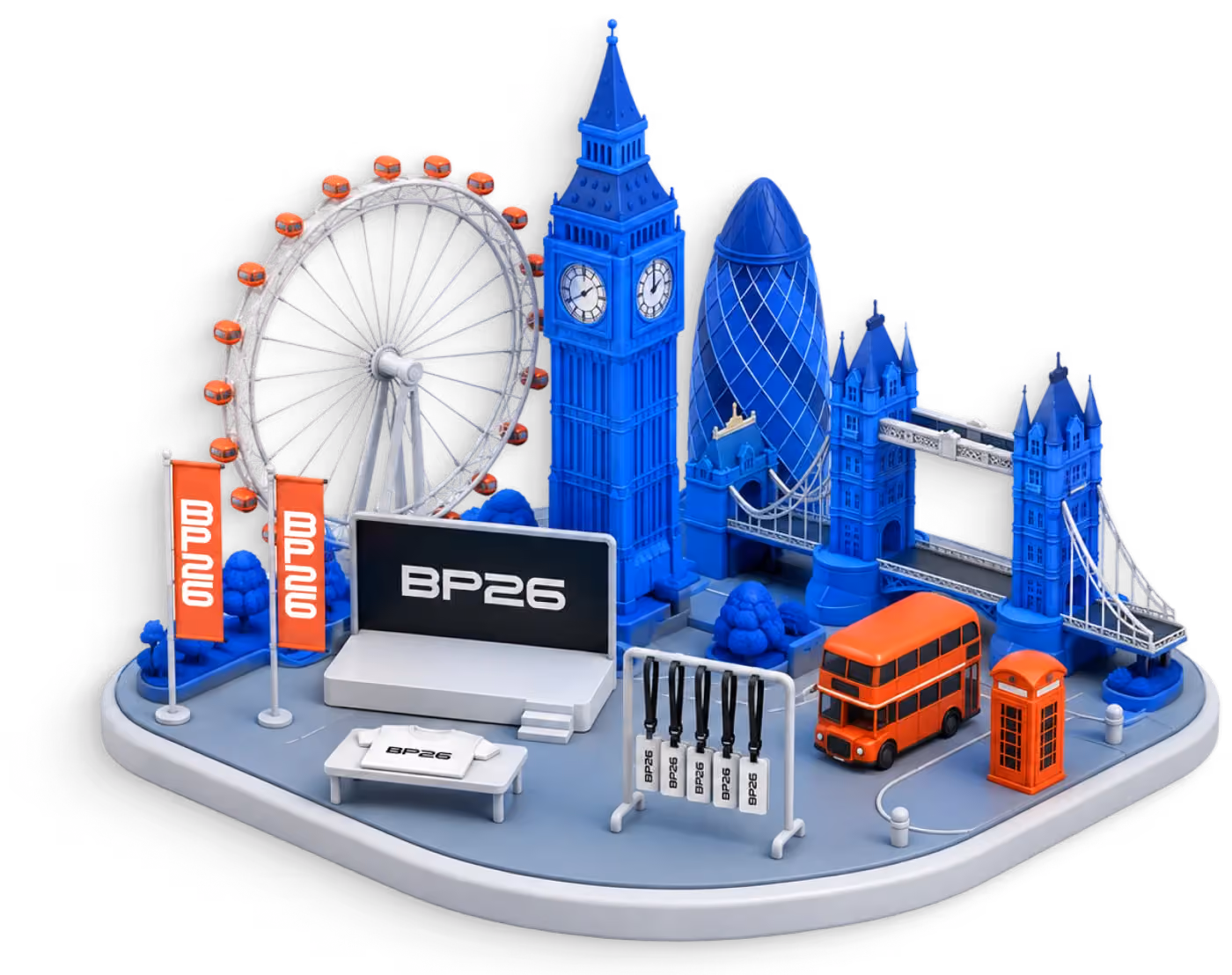 Miniature model of London with Breakpoint 2026 signage, built from Nomu merch